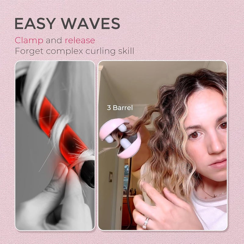 TYMO Curling Iron Hair Crimper Waver - ROVY Beach Waves Curling Wand, Ionic Deep Waver Hair Curler Tool with Ceramic 3 Barrel for Women, Dual Voltage, Anti-Scald, Easy to Use, Pink, 1 Inch - Image 2